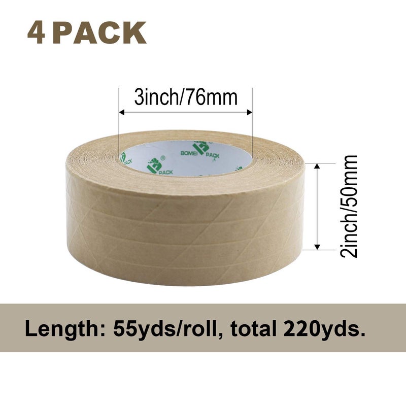 BOMEI PACK 4Rolls Self Adhesive Reinforced Kraft Packing Paper Tape, 2inch* 55yds, Total 220yds Gummed Tape for Heavy Duty Box Packing, Shipping, Moving and Storage, BOMEI PACK - Image 3